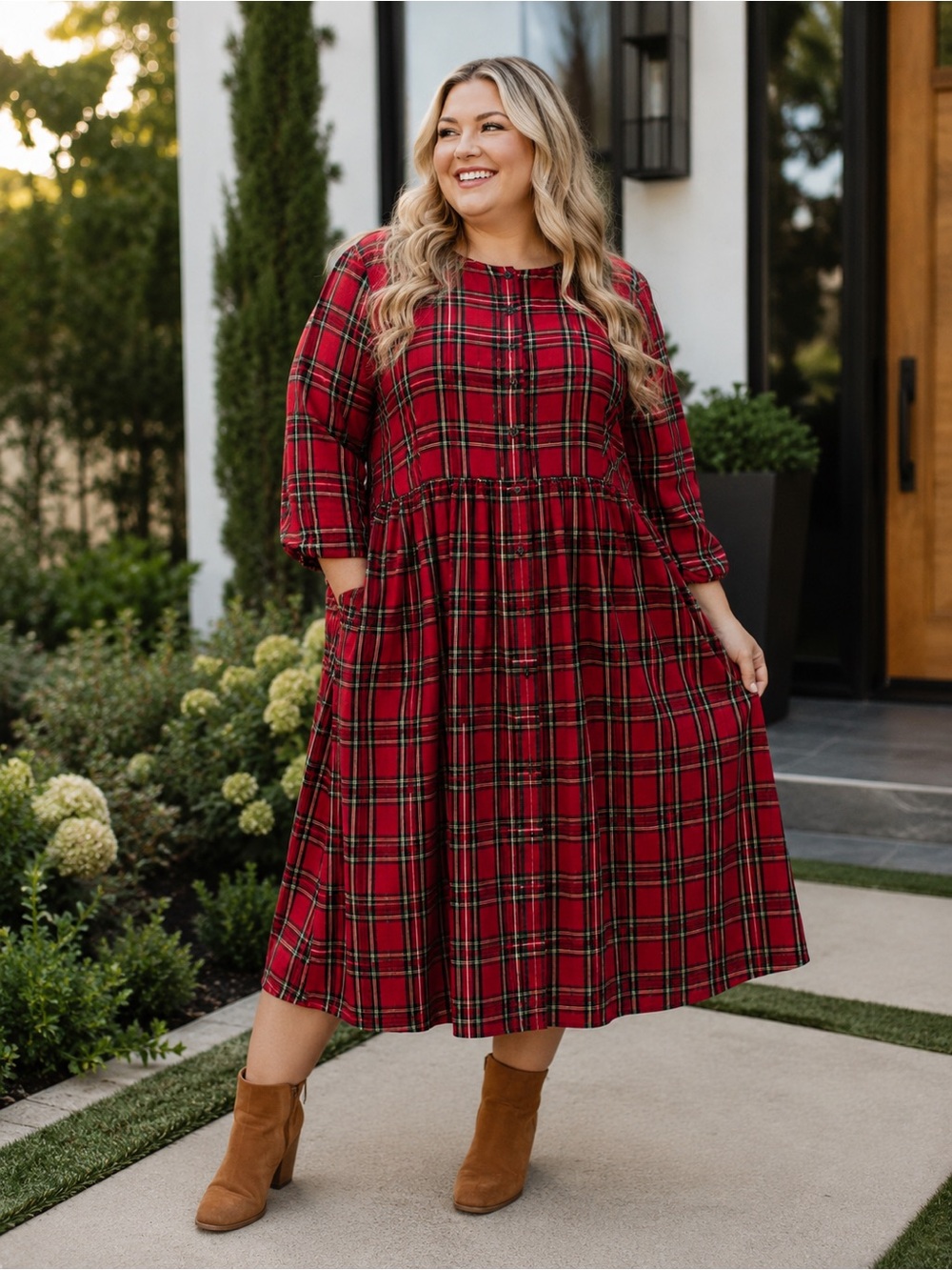 3XLarge Ella Simone Women Plaid Cotton Longsleeve Midi Dress